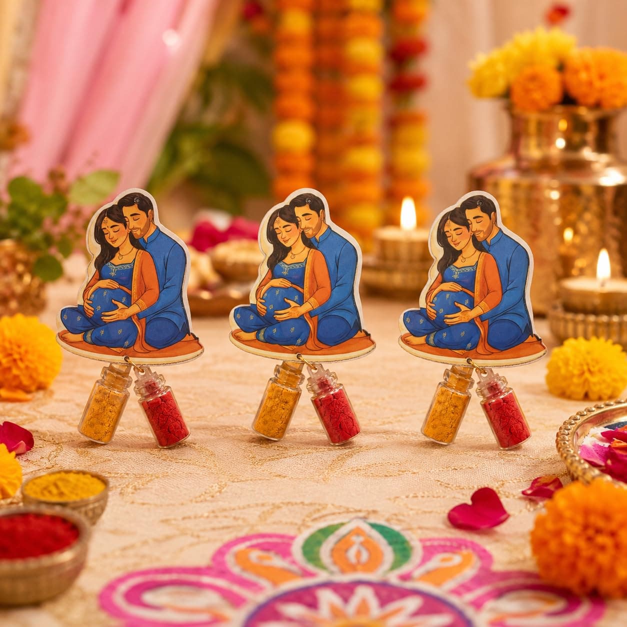 Habba Baby Shower Couple Haldi Kumkum Set for Guests, Printed Cut-Out with Mini Dome Glass Bottles of Haldi & Kumkum, Traditional Seemantham, Godh Bharai, Valaikappu Return Gift, Pack of 10