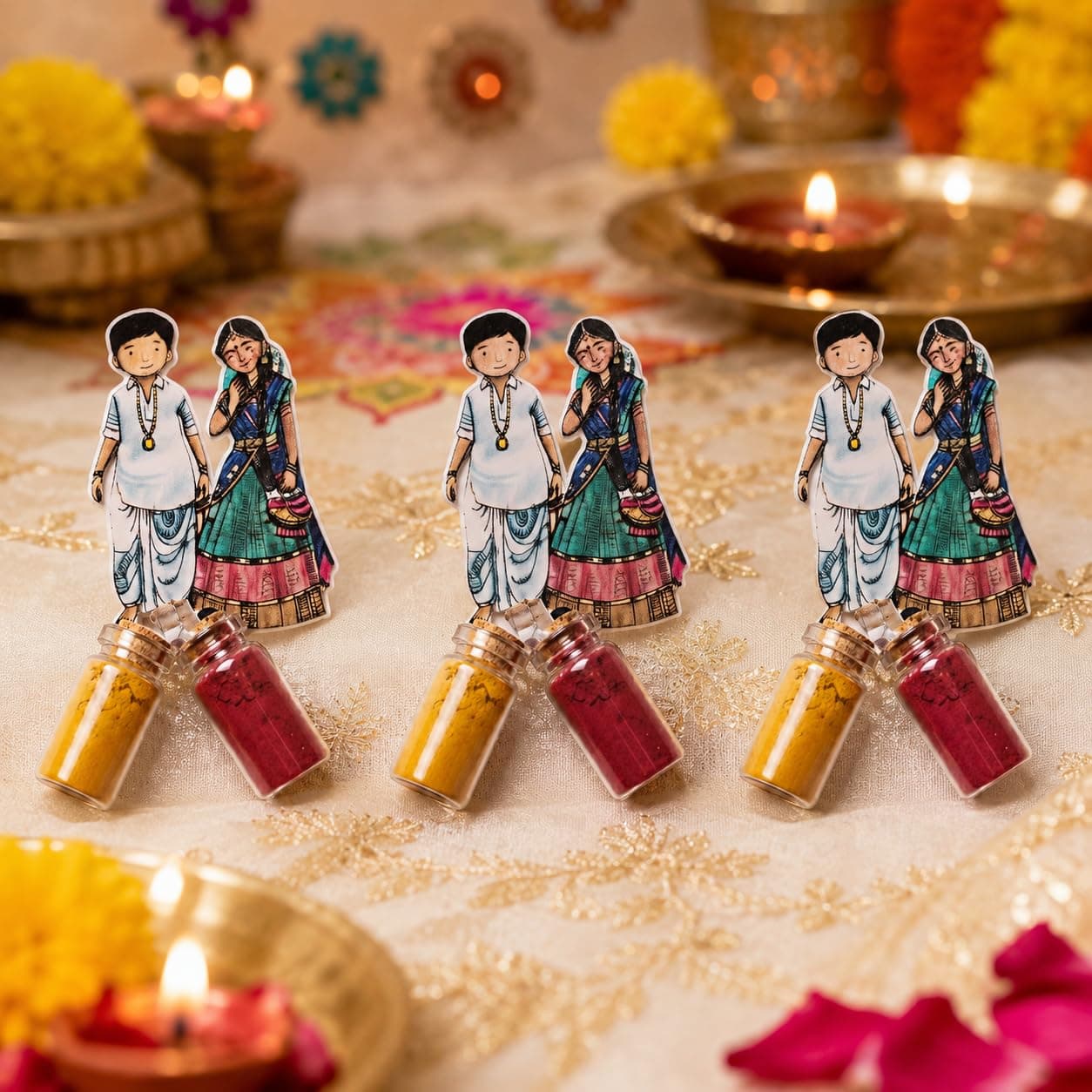 Habba Wedding Couple Haldi Kumkum Set for Guests, Printed Cut-Out with Mini Dome Glass Bottles of Haldi & Kumkum, Traditional Wedding Return Gift (Kalyanam / Vivah / Lagna), Pack of 10