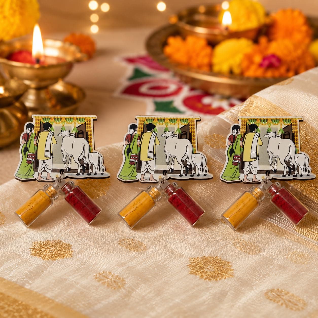 Habba House Warming Haldi Kumkum Set for Guests, Printed Cut-Out with Mini Dome Glass Bottles of Haldi & Kumkum, Traditional Griha Pravesh Pooja Return Gift (Gruhapravesam / Vaastu), Pack of 5