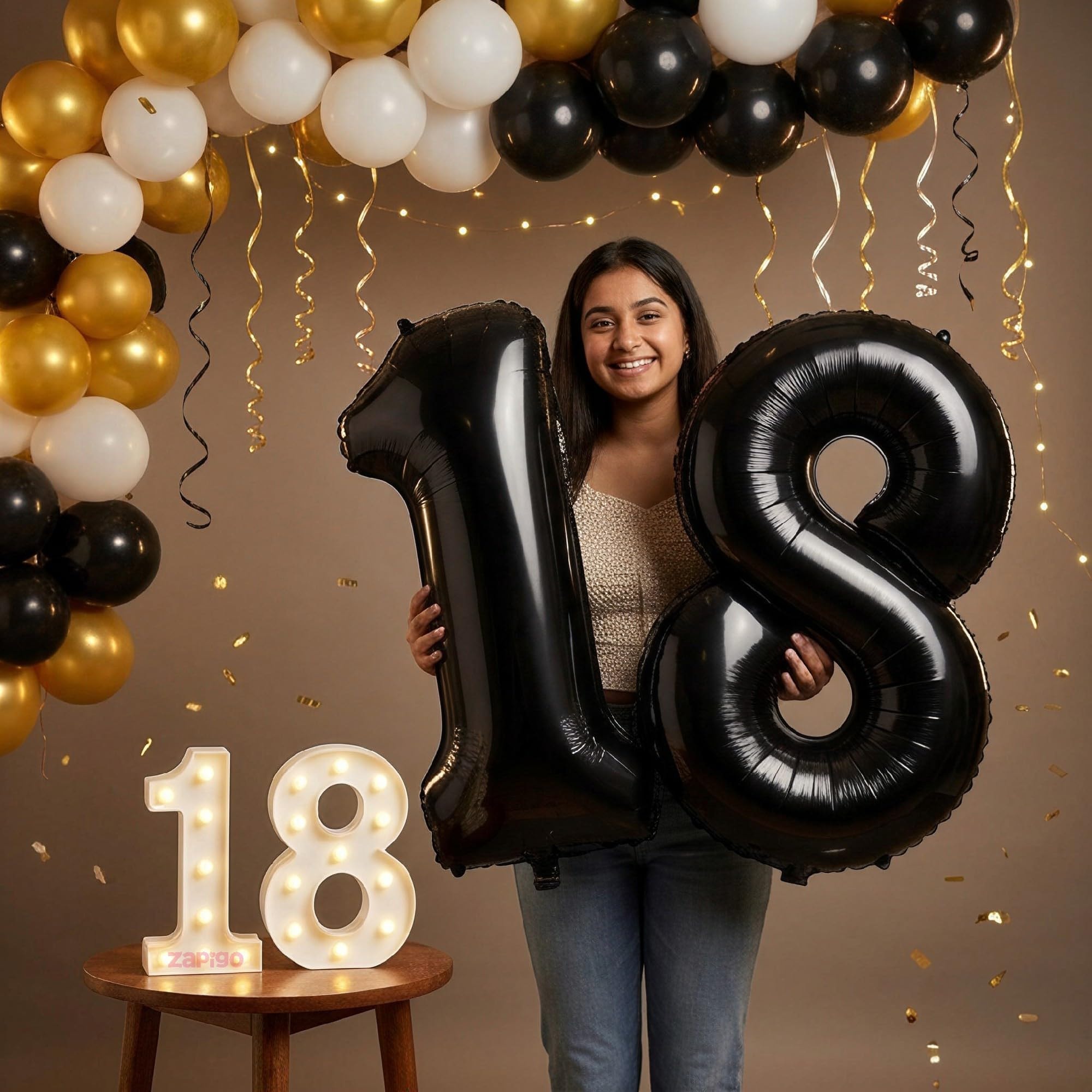 Balloonistics Black 40-Inch Foil Number 18 Balloon with Matching LED Marquee Light - Combo Set for 18th Birthday, Anniversary, Party Decoration, Photo Booth Backdrop