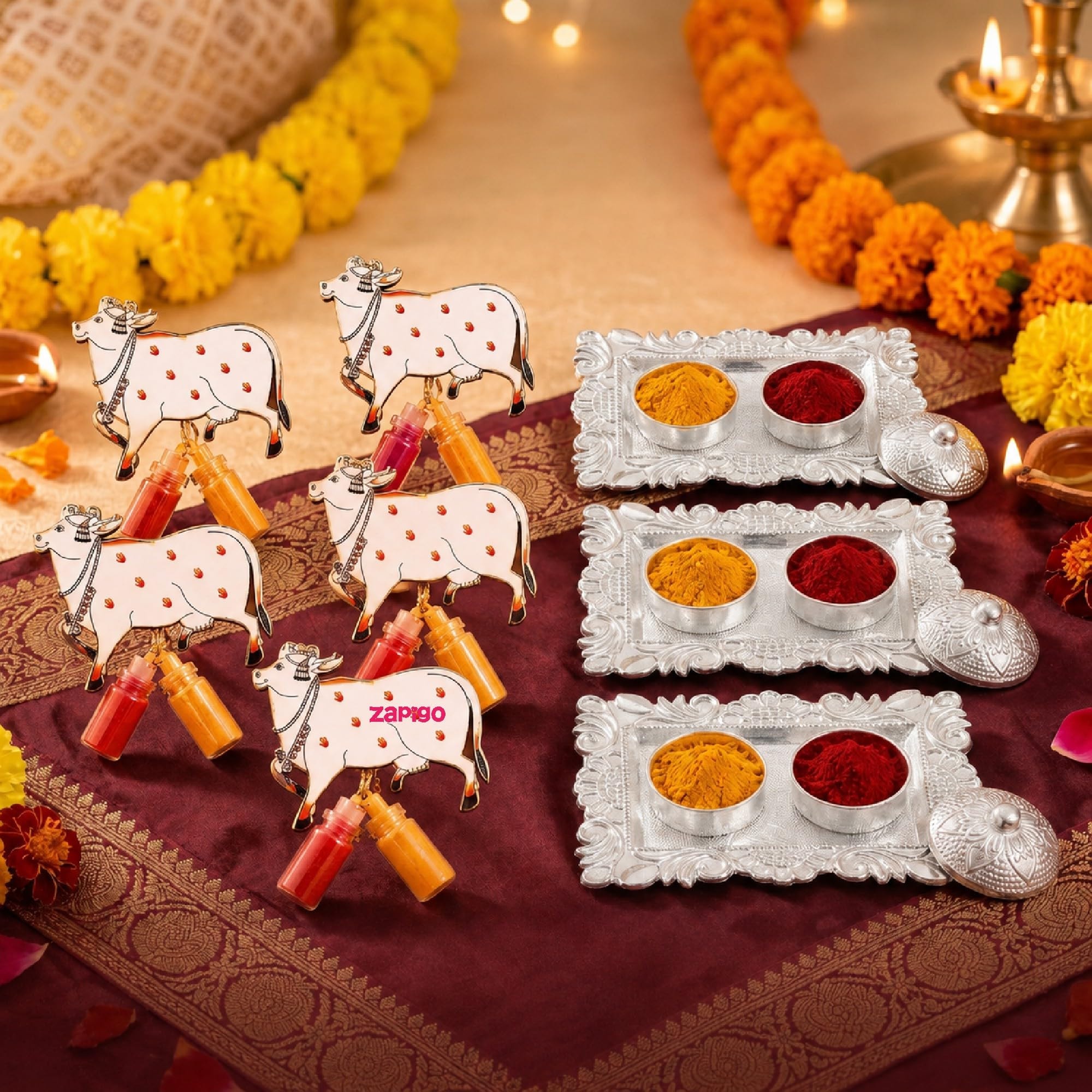 Habba Cow Design Haldi Kumkum Set with Silver Kumkum Holder, Traditional Pasupu Kumkuma Gift for Pooja, Diwali, Navratri, Wedding, Housewarming & Tambulam Return Gifts - Pack of 5