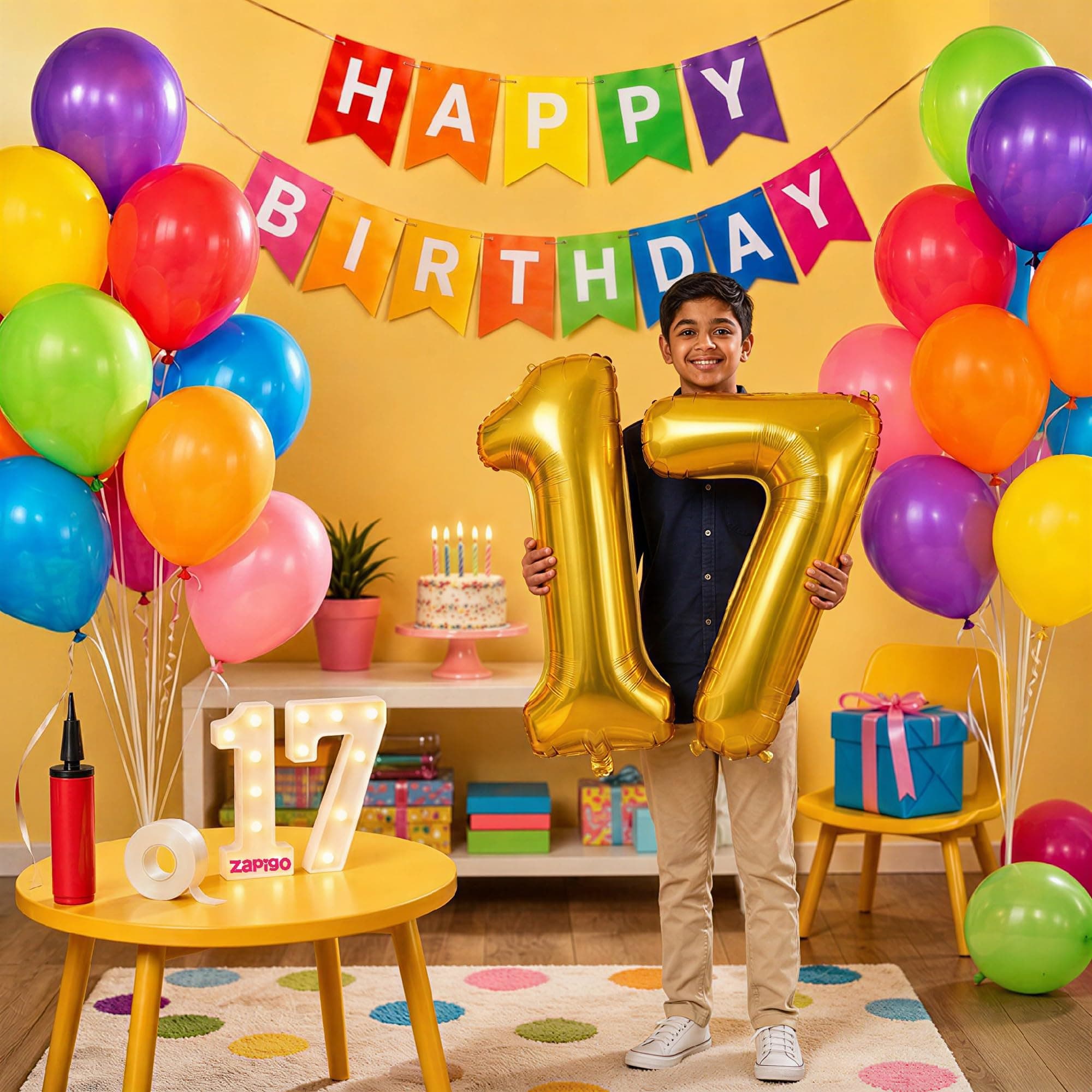 Balloonistics 17th Birthday Decoration Combo Kit - 40 Inch Gold Foil Number Balloon, LED Marquee Light, 50 Multicolor Balloons, Happy Birthday Banner, Balloon Pump & Glue Dots