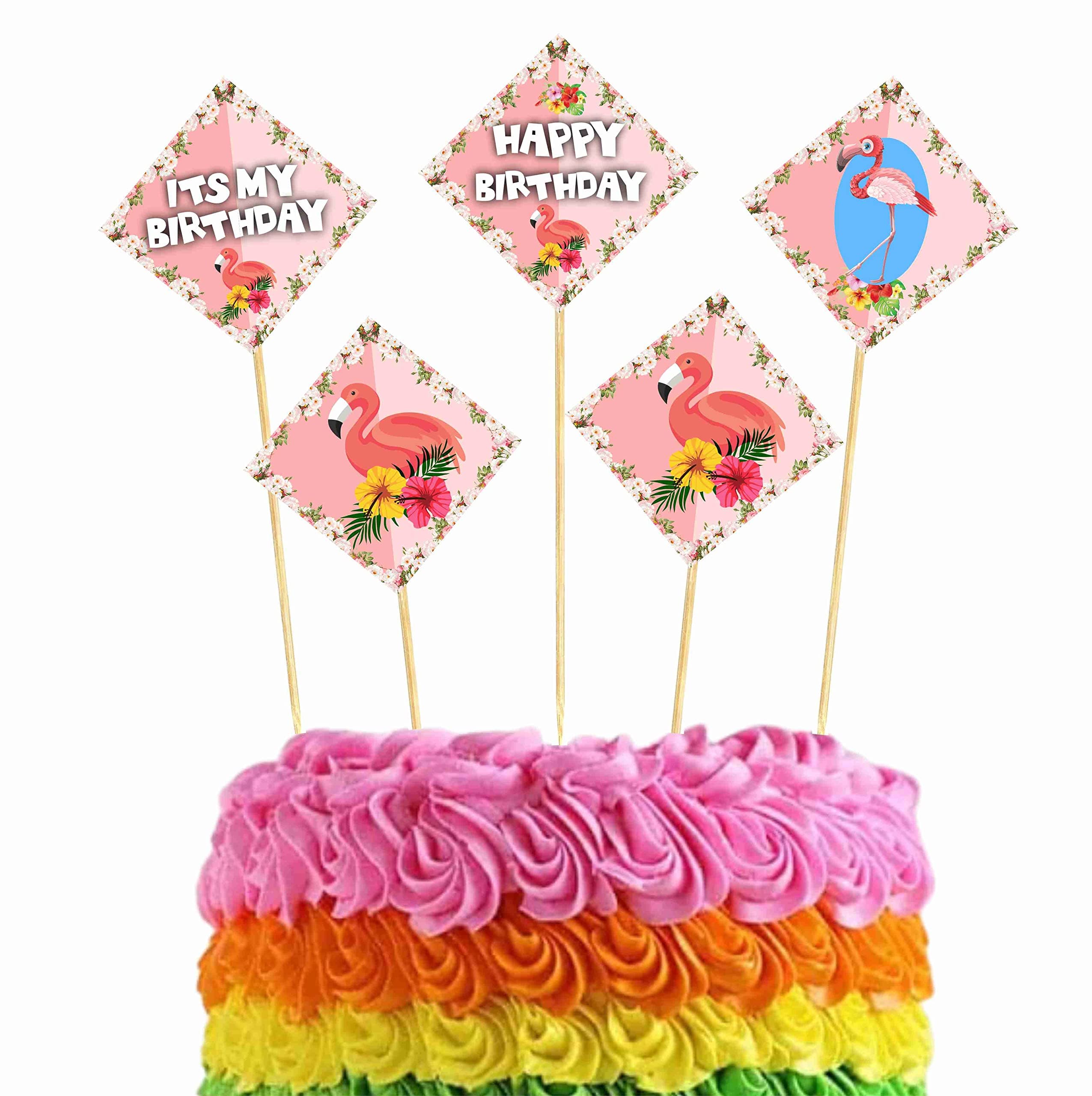 Balloonistics Flamingo Happy Birthday Cake Toppers - Pack of 10 Tropical Luau Party Decorations - Premium Cardstock Pink Flamingo & Hibiscus Figures on Bamboo Sticks, Summer Birthday Backdrop (Cake Topper - Pack of 10)