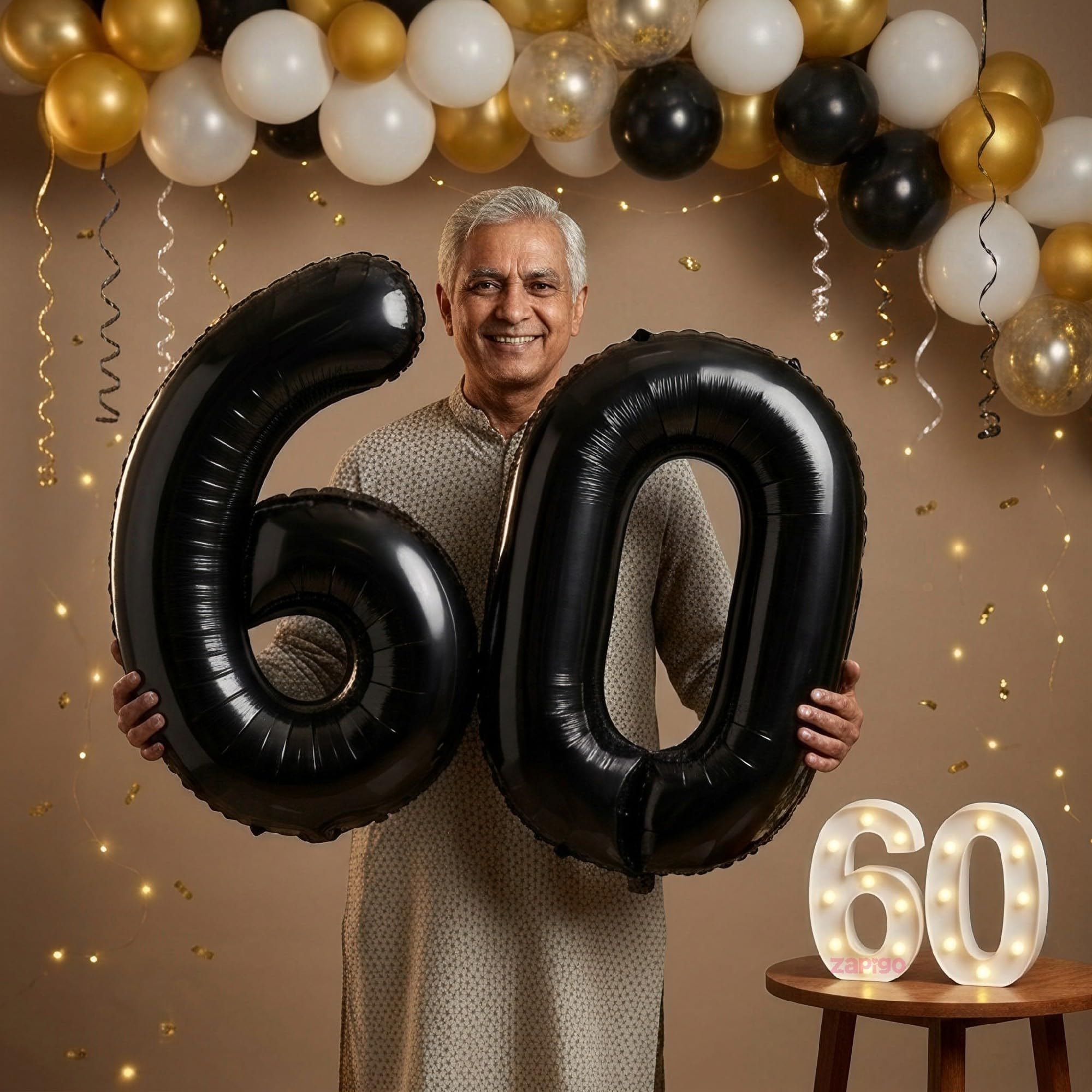 Balloonistics Black 40-Inch Foil Number 60 Balloon with Matching LED Marquee Light - Combo Set for 60th Birthday, Anniversary, Retirement Party Decoration, Photo Booth Backdrop, Cake Table Decor