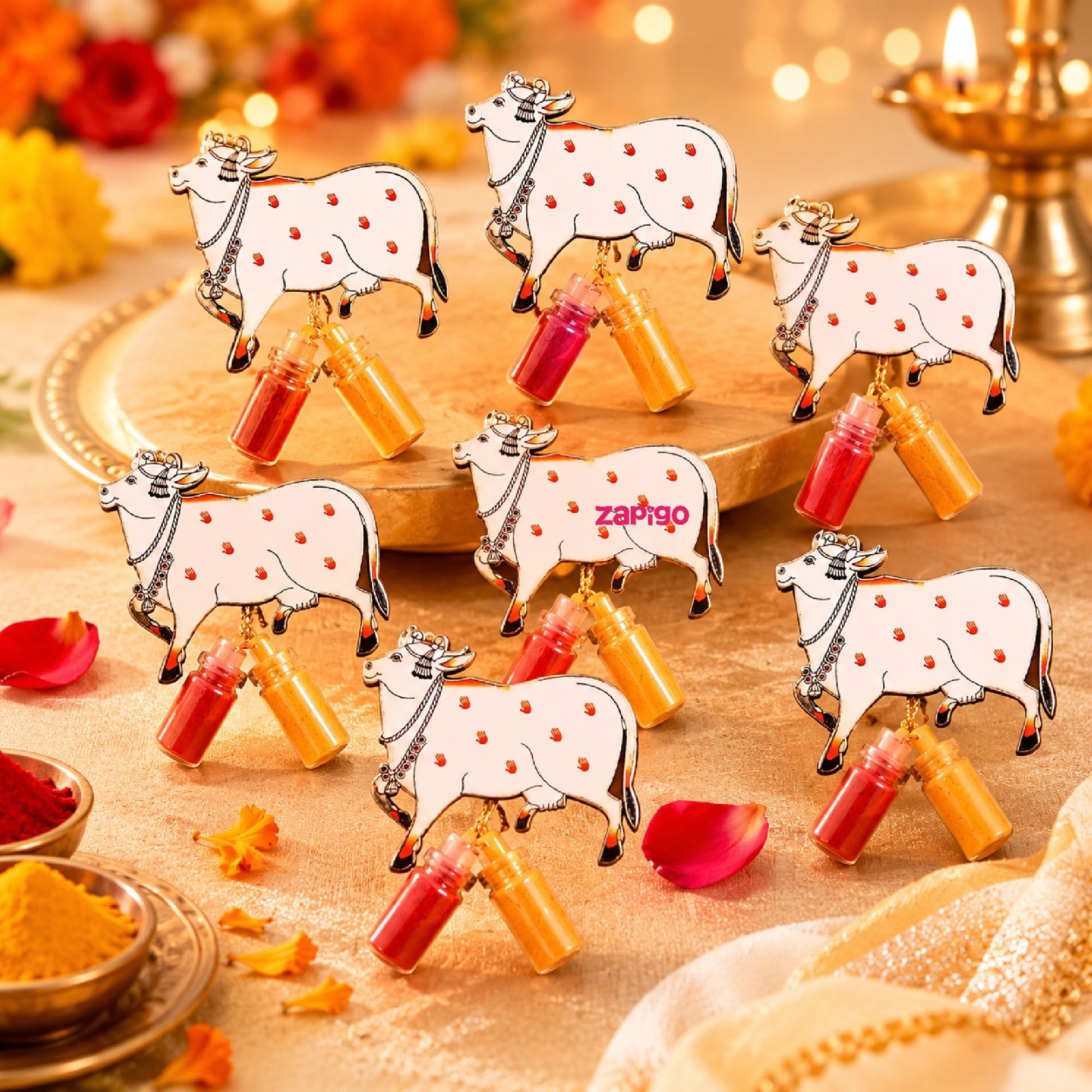 Habba Cow Design Haldi Kumkum Set, Pasupu Kumkum Dome Glass Bottle, Traditional Pooja Return Gift for Diwali, Navratri, Varalakshmi Vratham, Wedding & Festivals - Pack of 5