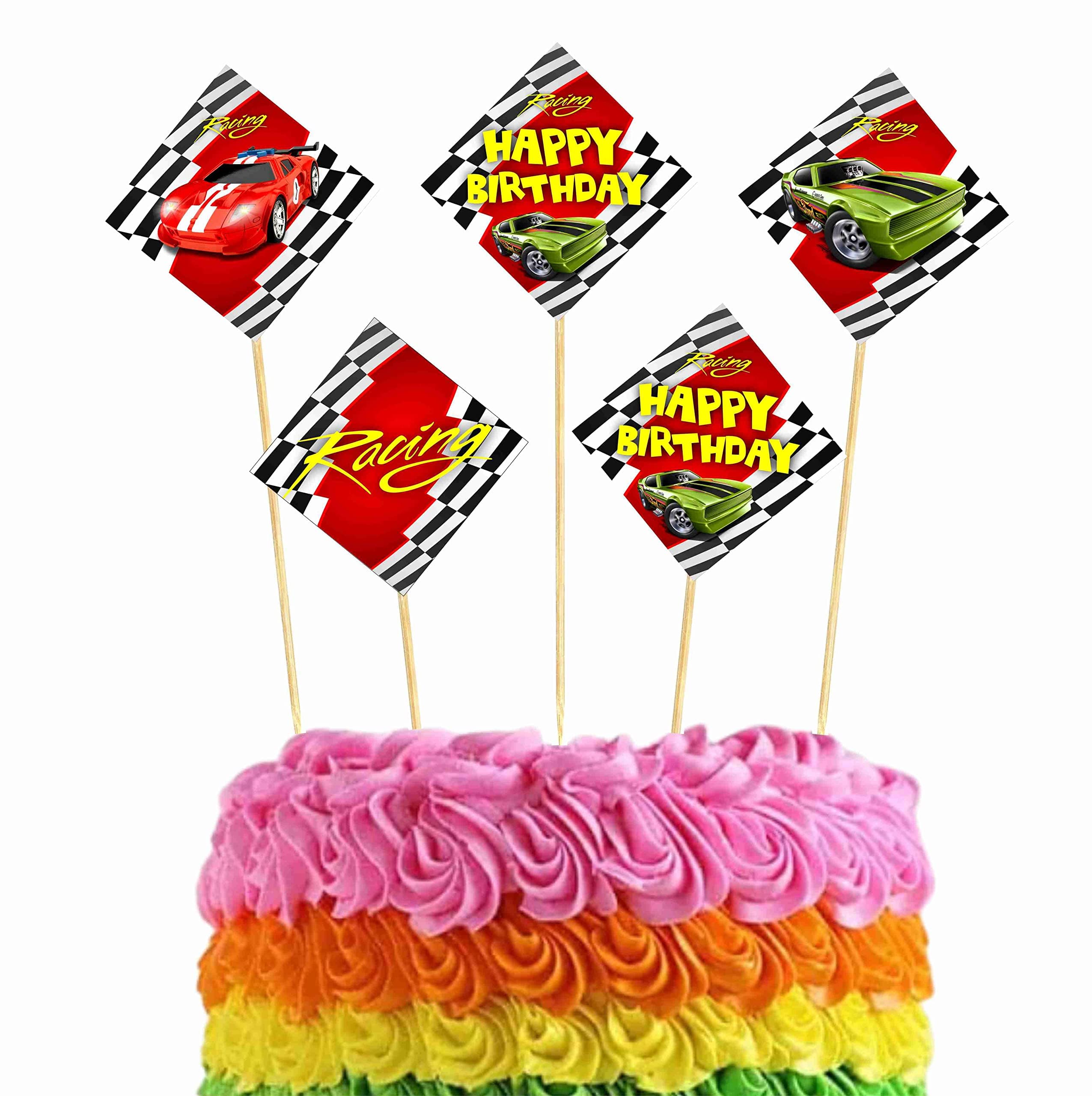 Balloonistics Sports Car Theme Happy Birthday Cake Toppers - Pack of 10 Double-Sided Cardstock Treat Picks - Racing & Supercar Party Decorations - Fast One & Two Fast Cake Decor - Includes Food-Safe Bamboo Sticks(Cake Topper - Pack of 10)