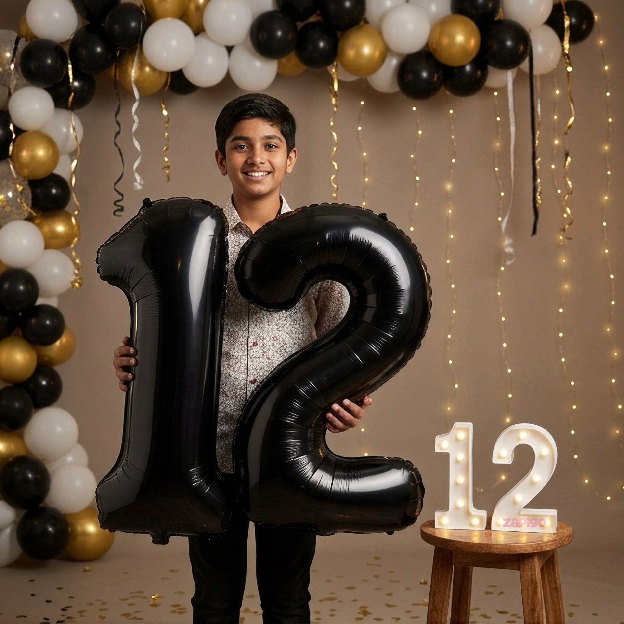 Balloonistics Black 40-Inch Foil Number 12 Balloon with Matching LED Marquee Light - Combo Set for 12th Birthday Decoration, Anniversary, Party Backdrop, Cake Table Decor