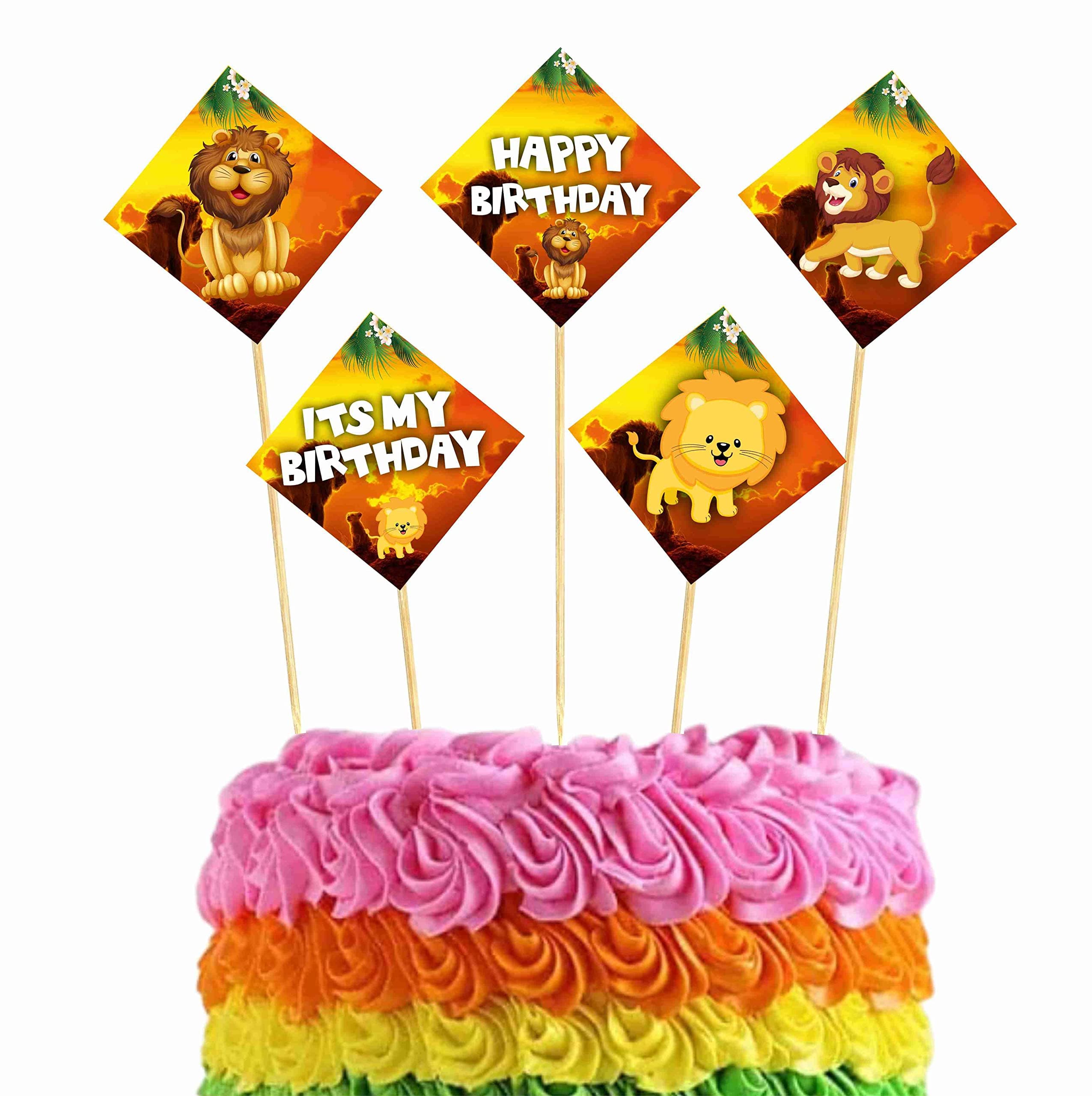 Balloonistics Lion Theme Happy Birthday Cake Topper - Pack of 10 King of the Jungle Cake Decorations - Premium Cardstock Lion Figures on Bamboo Sticks, Wild One Safari Zoo Party Supplies for Kids (Cake Topper - Pack of 10)