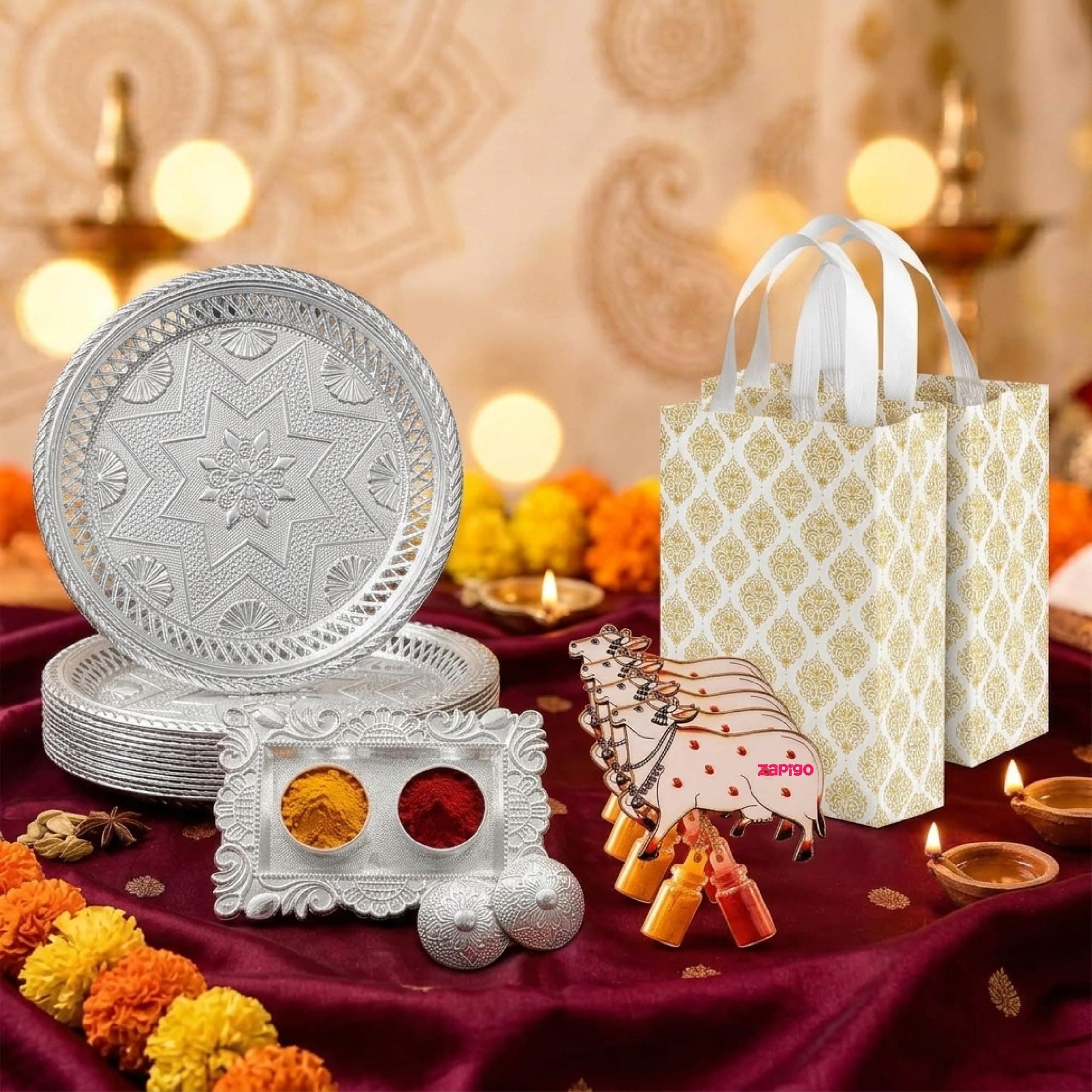 Habba Festive Return Gift Set with Silver Plate, Cow Design Kumkum Holder, Silver Kumkum Set & Laminated Gift Bag, Traditional Haldi Kumkum Return Gift for Diwali, Navratri, Weddings - Pack of 5