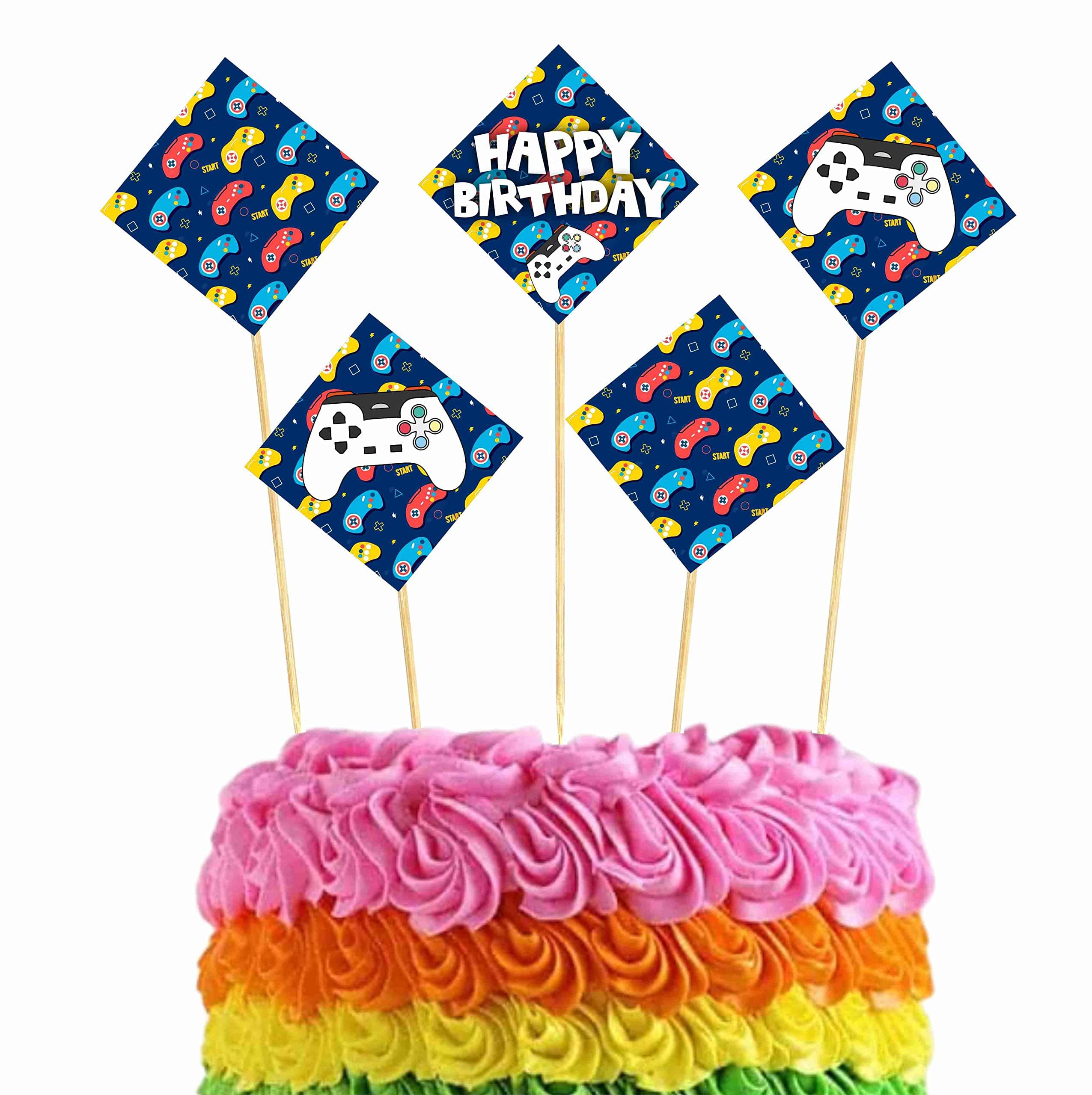 Balloonistics Video Game Theme Happy Birthday Cake Topper Set - Level Up Gaming Party Decorations, Double-Sided Cardstock Cake Inserts with Bamboo Sticks for Boys & Kids (Cake Topper - Pack of 10)