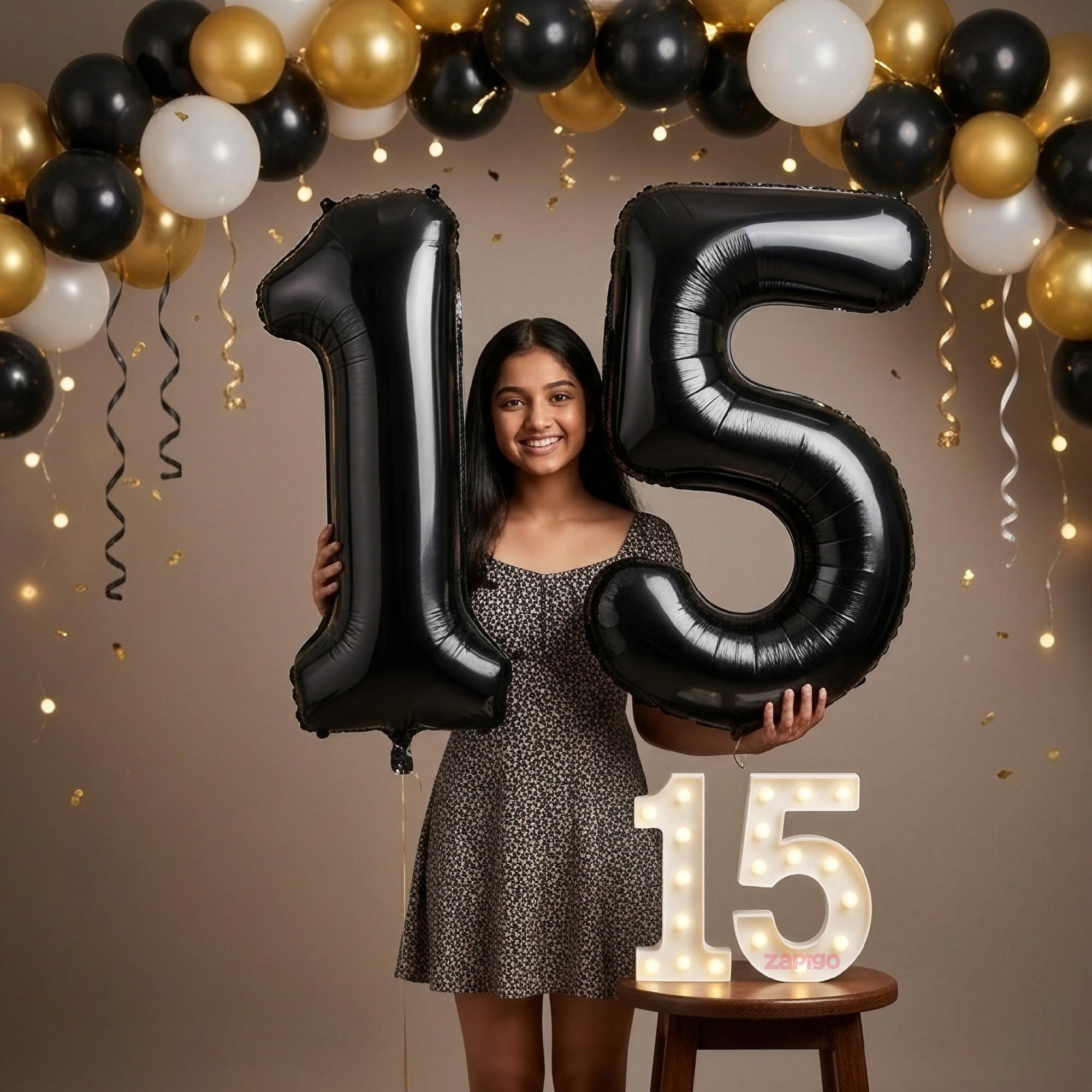 Balloonistics Black 40-Inch Foil Number 15 Balloon with Matching LED Marquee Light - Combo Set for 15th Birthday, Anniversary, Party Decoration, Photo Booth Backdrop, Cake Table Decor