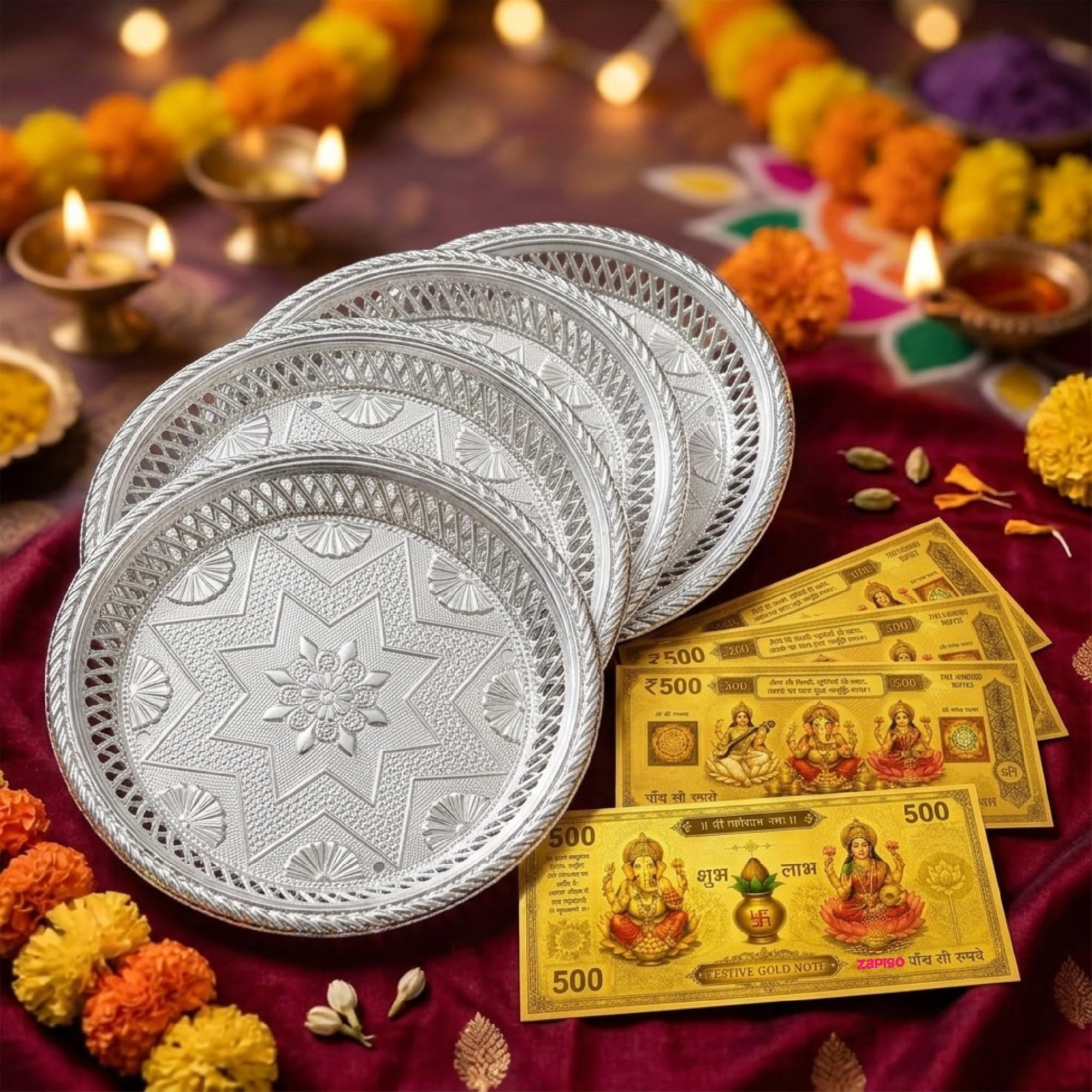 Habba Decorative Silver Plate & Festive Gold Note, Traditional Pooja Return Gift for Diwali, Navratri, Wedding, Housewarming, Tambulam & Indian Festivals - Pack of 5