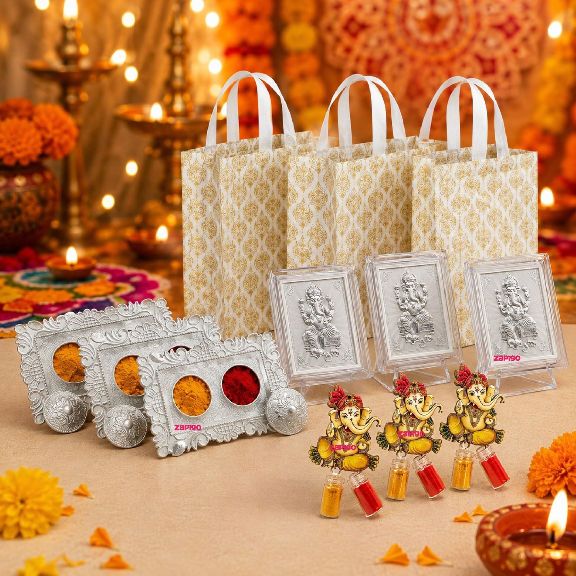 Habba Ganesha Frame Pooja Return Gift Combo for Women, Ganesha Kumkum, Kumkum Set, Carry Bag, Traditional Haldi Kumkum Tambulam Hamper for Ganesh Chaturthi, Weddings, Festivals, Pack of 5