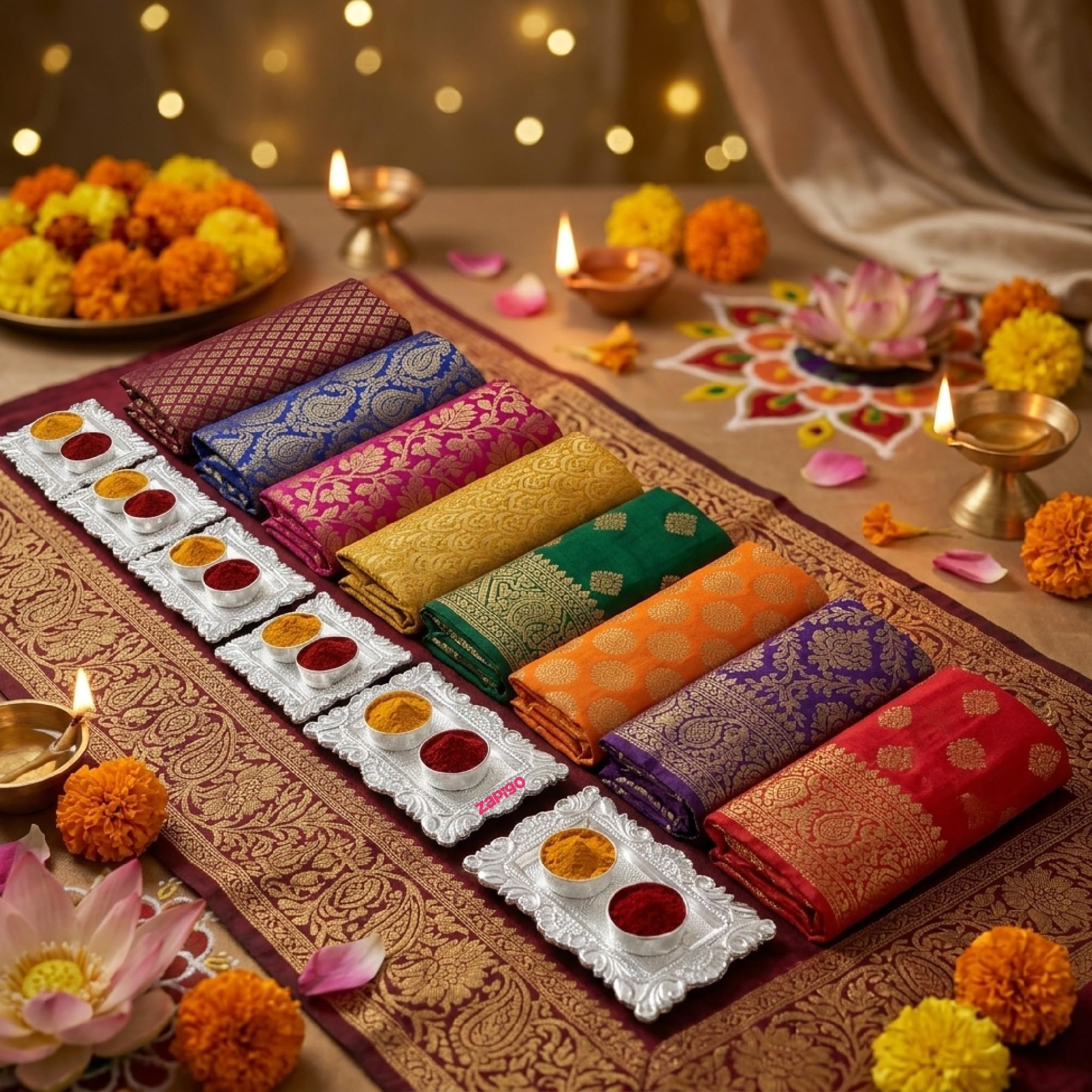 Habba Blouse Piece with Silver Kumkum Box for Women, Silk Blend Fabric & Decorative Haldi Kumkum Holder, Traditional Tambulam Return Gift for Pooja, Diwali, Navratri, Wedding - Pack of 10