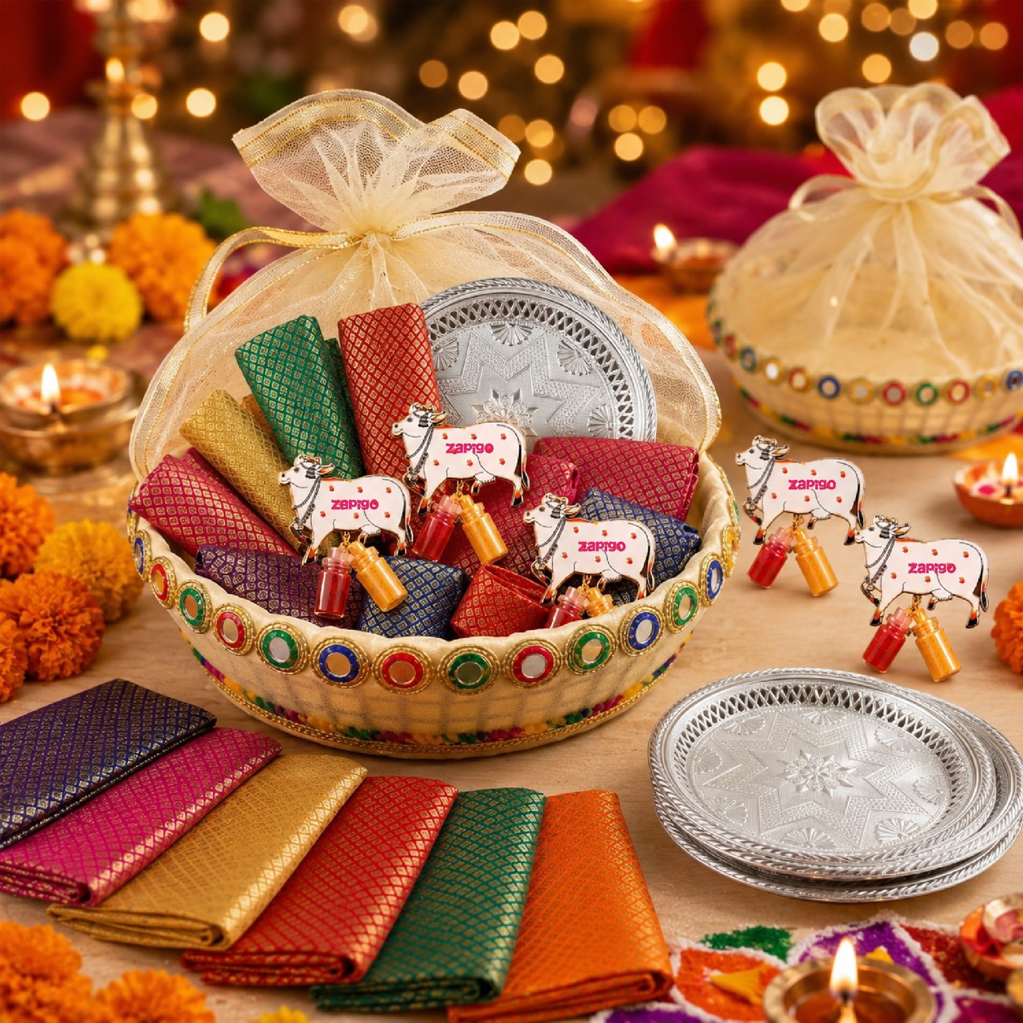 Habba Fruits Basket, Silver Plate, Cow Kumkum & Blouse Piece Pooja Return Gift Combo for Women, Traditional Haldi Kumkum Tambulam Hamper for Weddings, Varalakshmi Vratham, Festivals, Pack of 5